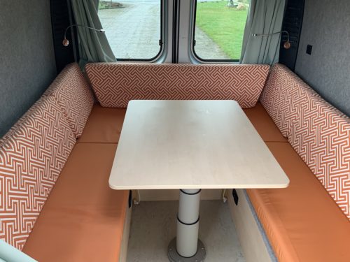 Peugot Boxer L2 H2 Buscamper: Euro 6 with lowerable table to 2 pers. length-bed, 154 cm width, 185 cm length, FSL Camper conversion 2021, km 66000, Swiveling bicycle carrier, Solar panel 180W, Year 2017 Camper centrum on the road photo: 4