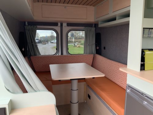 Peugot Boxer L2 H2 Buscamper: Euro 6 with lowerable table to 2 pers. length-bed, 154 cm width, 185 cm length, FSL Camper conversion 2021, km 66000, Swiveling bicycle carrier, Solar panel 180W, Year 2017 Camper centrum on the road photo: 9