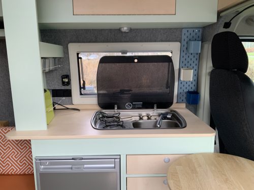 Peugot Boxer L2 H2 Buscamper: Euro 6 with lowerable table to 2 pers. length-bed, 154 cm width, 185 cm length, FSL Camper conversion 2021, km 66000, Swiveling bicycle carrier, Solar panel 180W, Year 2017 Camper centrum on the road photo: 5