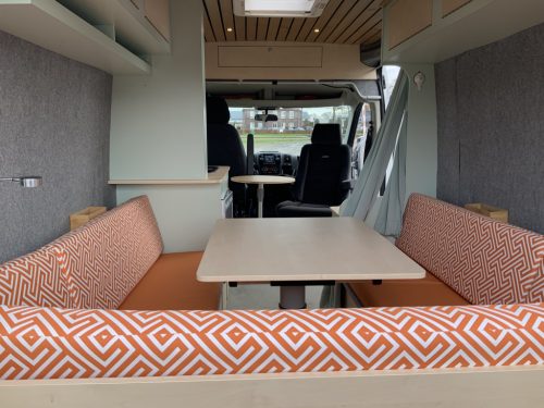 Peugot Boxer L2 H2 Buscamper: Euro 6 with lowerable table to 2 pers. length-bed, 154 cm width, 185 cm length, FSL Camper conversion 2021, km 66000, Swiveling bicycle carrier, Solar panel 180W, Year 2017 Camper centrum on the road photo: 20