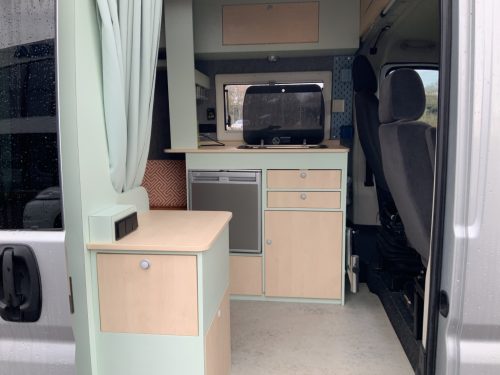 Peugot Boxer L2 H2 Buscamper: Euro 6 with lowerable table to 2 pers. length-bed, 154 cm width, 185 cm length, FSL Camper conversion 2021, km 66000, Swiveling bicycle carrier, Solar panel 180W, Year 2017 Camper centrum on the road photo: 8